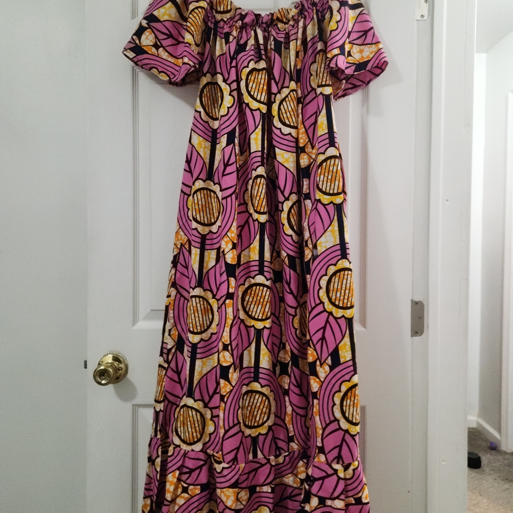 Vibrant Pink and Yellow Off-Shoulder Dress